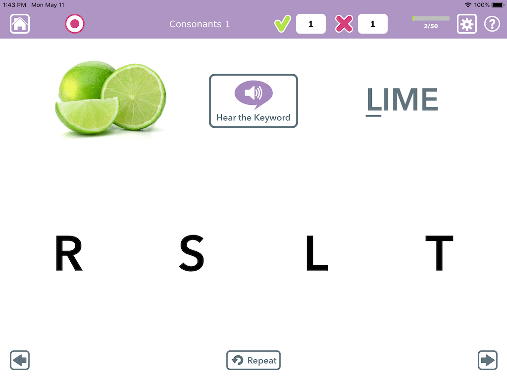 Listen to a sound, then touch the letter it goes with for phonological training