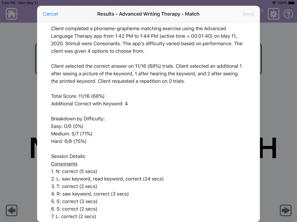 Phonological treatment can be continued at home with Advanced Writing Therapy's detailed reports